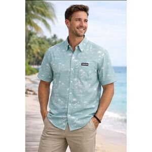 Dixxon Company "The Naples" Short Sleeve Button Front Shirt Men's Large, Blue/Gr